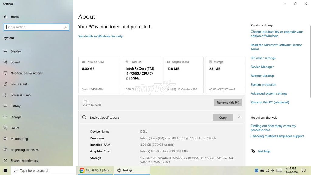 Dell Vostro 14-3468 i5-7200U 8GB/231GB. Mua bán Laptop tại Quận Ninh Kiều Cần Thơ được đăng bởi Trần Ngọc Hải hình 1