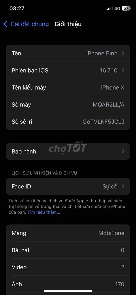 iphone X 64GB quốc tế mất Face ID bể lưng