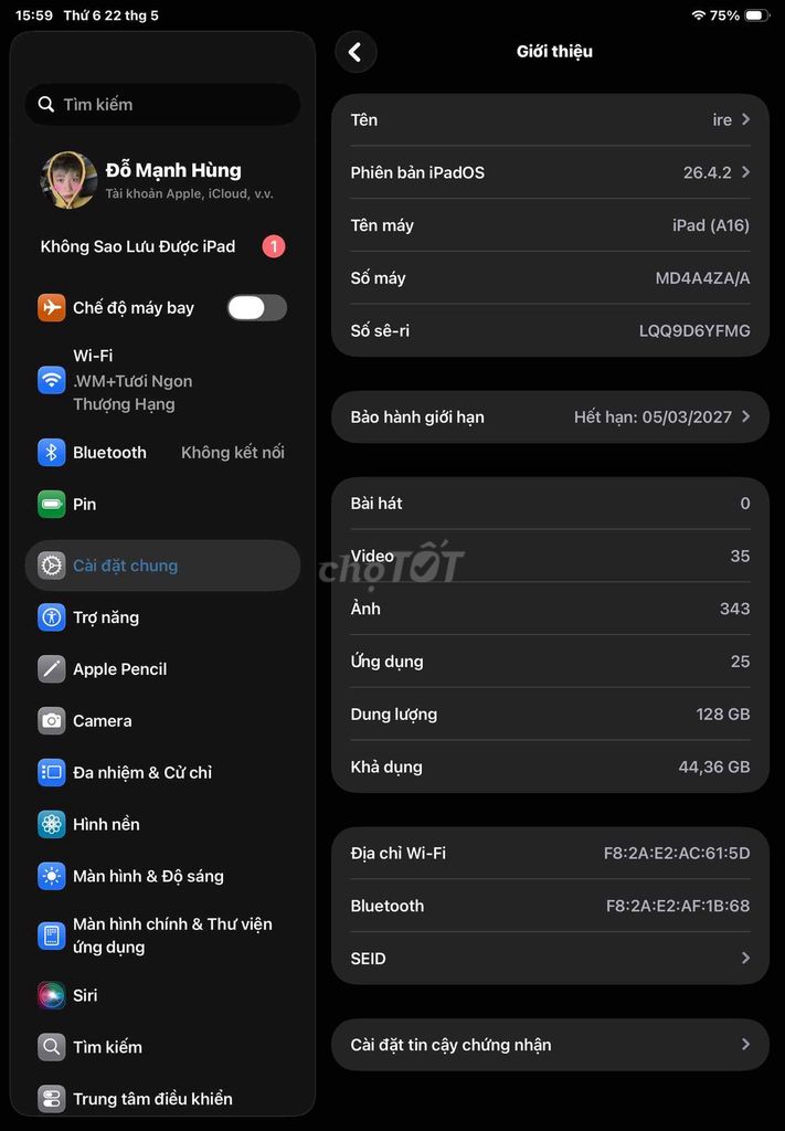 Apple iPad (A16) 128GB Xanh Đã sử dụng. Mua bán Máy tính bảng tại Huyện Sóc Sơn Hà Nội được đăng bởi Hungdo hình 1