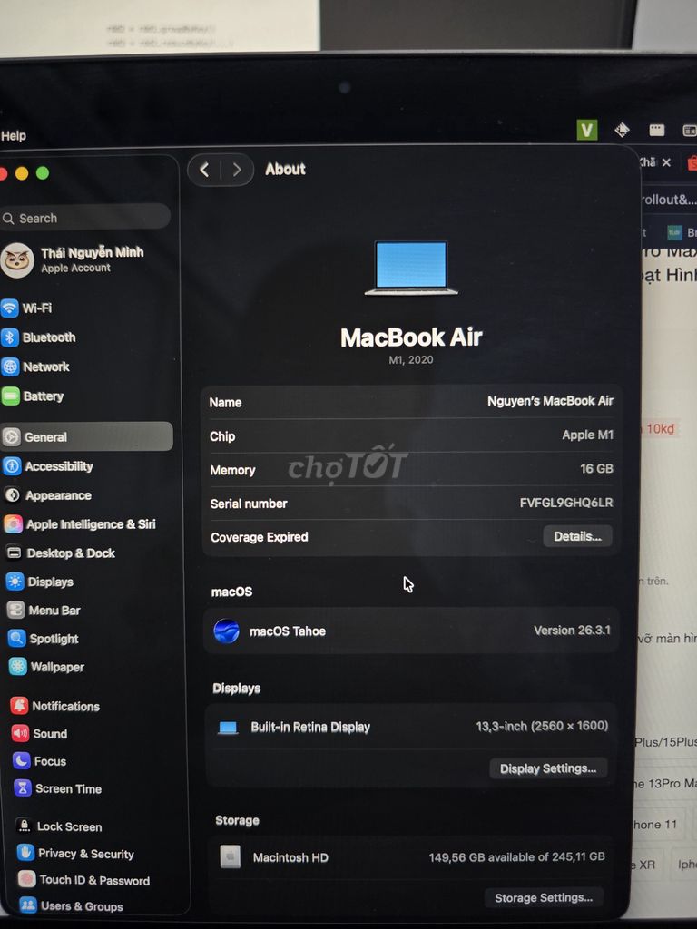 Apple MacBook Air M1 13.3 inch 16GB/256GB. Mua bán Laptop tại Quận Phú Nhuận Tp Hồ Chí Minh được đăng bởi Thái Nguyễn Minh hình 1