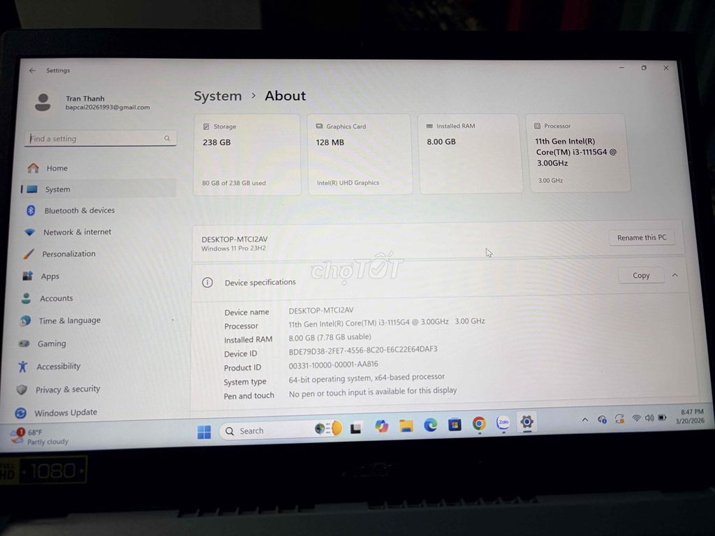 Acer Aspire 5 Core i3 Cũ, RAM 8GB, SSD 256GB. Mua bán Laptop tại Thành phố Thủ Đức Tp Hồ Chí Minh được đăng bởi Thành hình 1