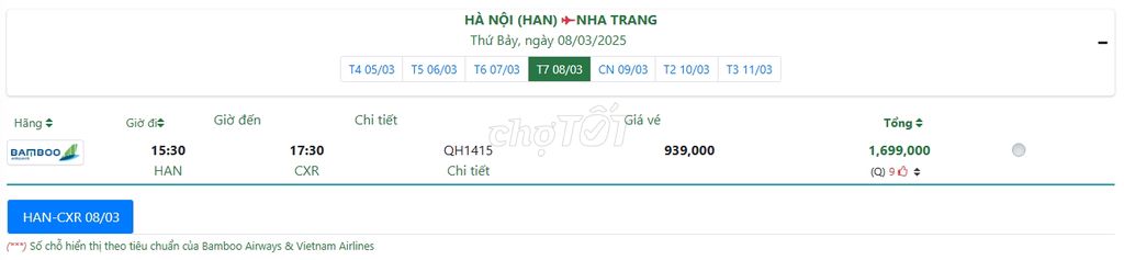 HÀ NỘI (HAN) NHA TRANG Thứ Bảy, ngày 08/03/2025