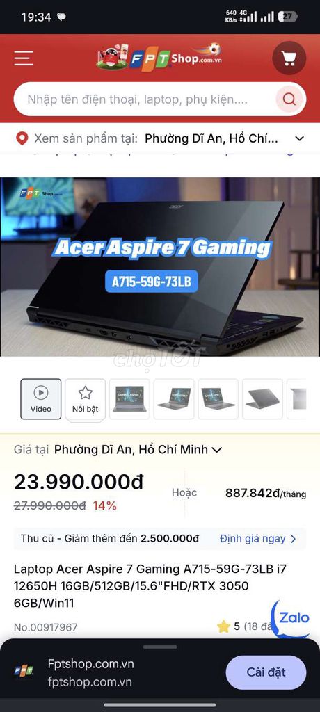 Acer Aspire 7 Gaming i7 16GB/512GB bh t10/2027. Mua bán Laptop tại Thành phố Thủ Đức Tp Hồ Chí Minh được đăng bởi Huy Bình zl 093z27z610z63 hình 1