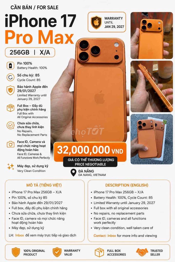 Apple iPhone 17 Pro Max 256GB Cam Đã sử dụng. Mua bán Điện thoại tại Quận Hải Châu Đà Nẵng được đăng bởi Chue  hình 1