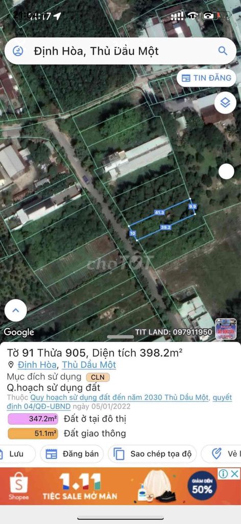 Đất định Hoà Thủ Dầu Một 398M2-1tỷ350 Triệu