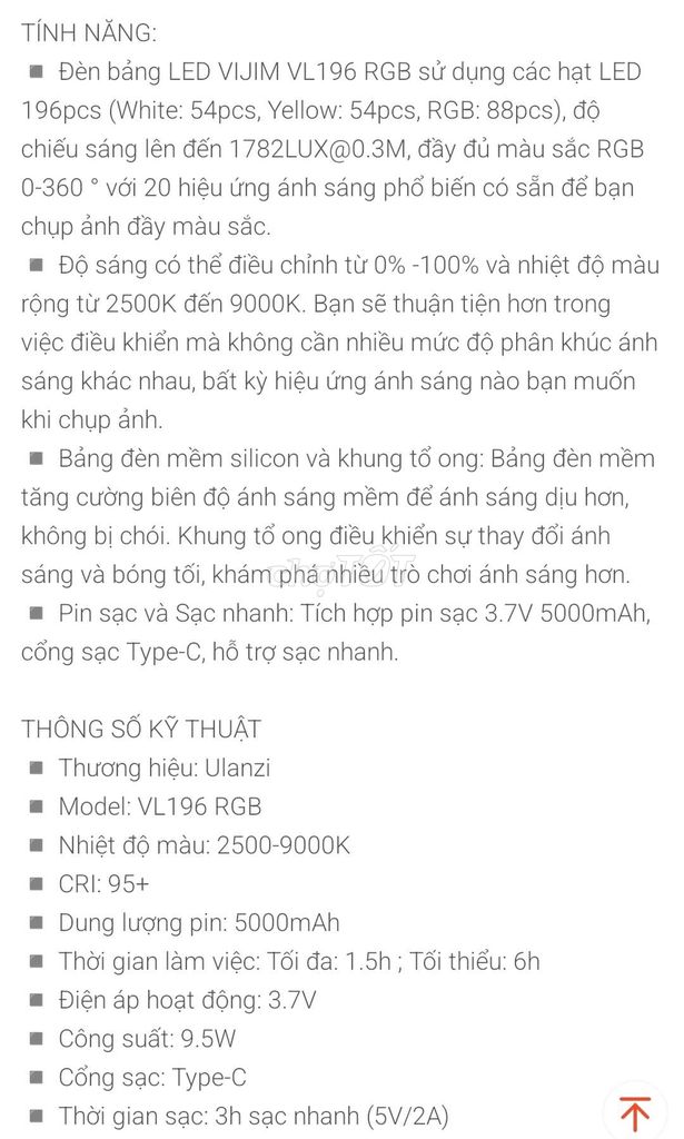 Đèn led đổi màu Ulanzi Vijim VL196, pin 5000mAh