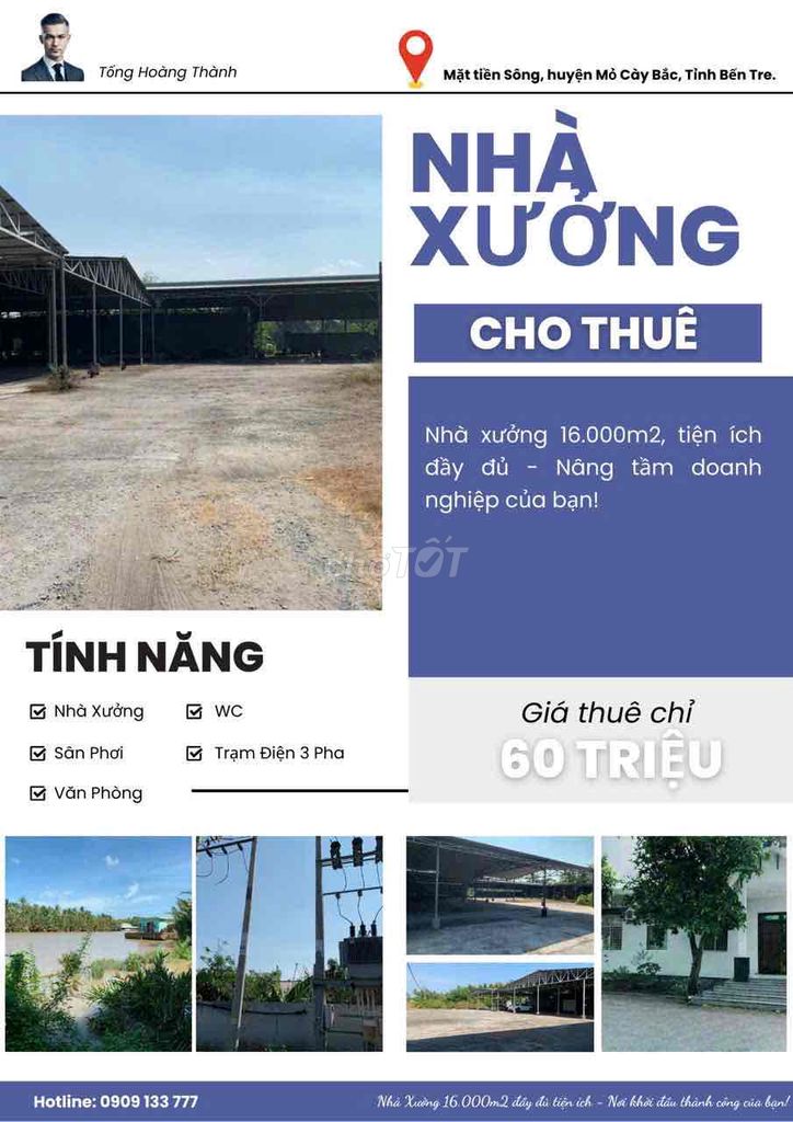 CHO THUÊ NHÀ XƯỞNG 16.000M2 VIEW SÔNG, HUYỆN MỎ CÀY BẮC