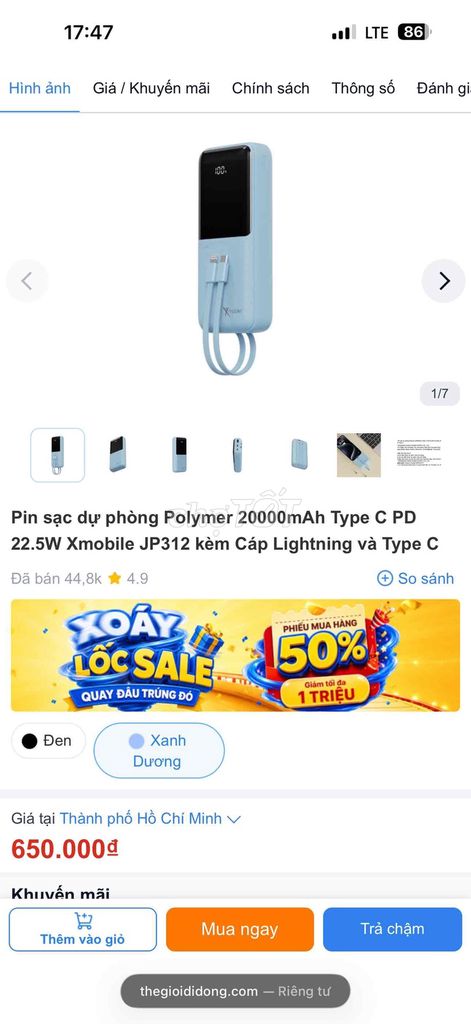 Pin sạc dự phòng Xmobile JP312 20000mAh Xanh Dương. Mua bán Phụ kiện (Màn hình, Chuột...) tại Quận Ninh Kiều Cần Thơ được đăng bởi Huỳnh Quốc Đại hình 1