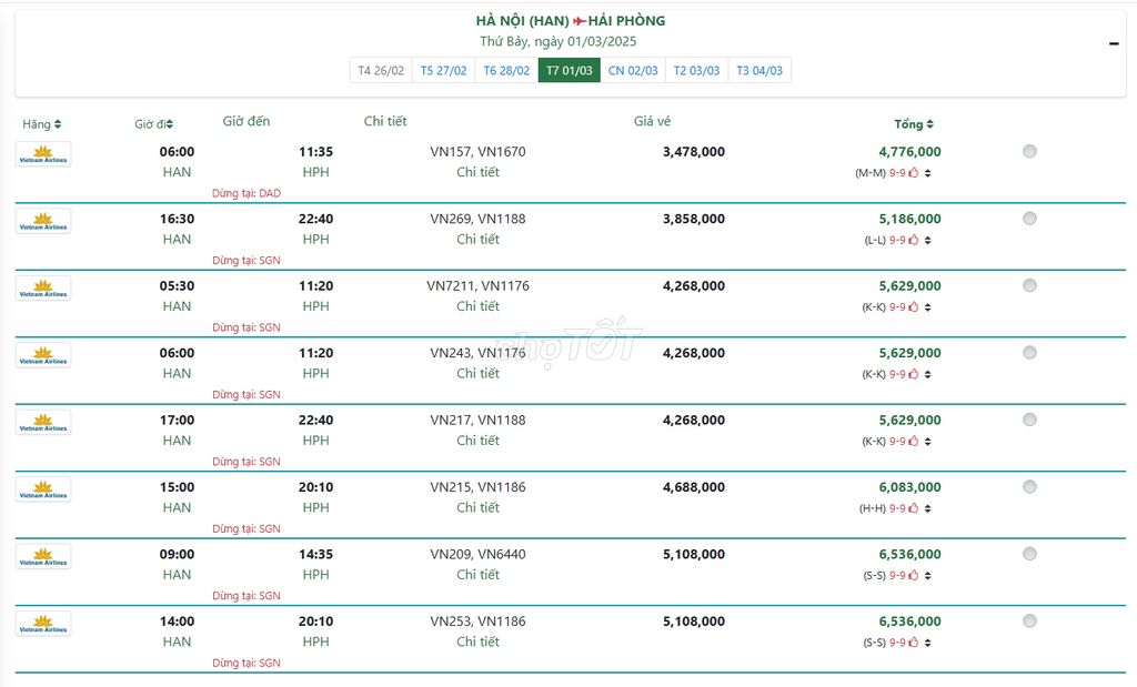 HÀ NỘI (HAN) HẢI PHÒNG Thứ Bảy, ngày 01/03/2025