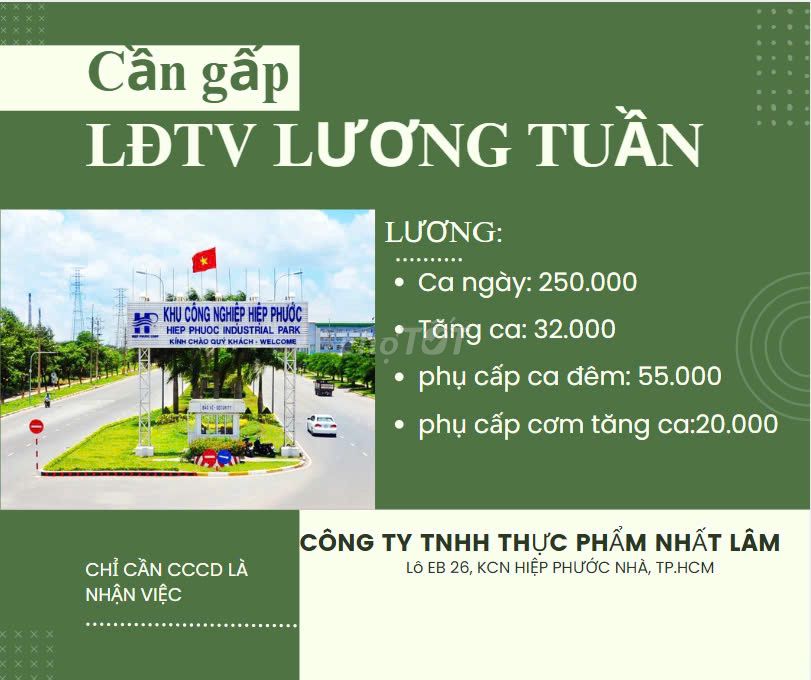 CẦN GẤP 20 LĐPT THỜI VỤ LƯƠNG TUẦN KCN HIỆP PHƯỚC