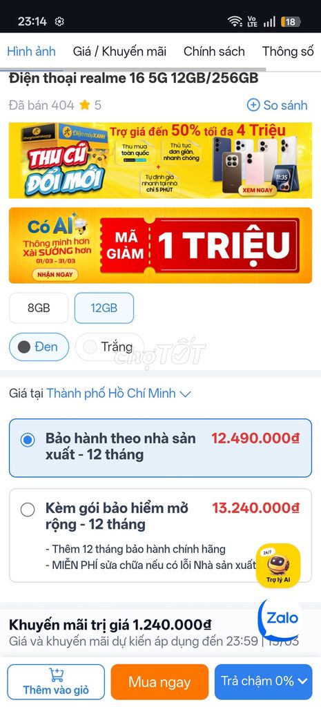 Realme 16 5G 12GB/256GB Đen. Mua bán Điện thoại tại Quận Gò Vấp Tp Hồ Chí Minh được đăng bởi Tên chưa cung cấp hình 1