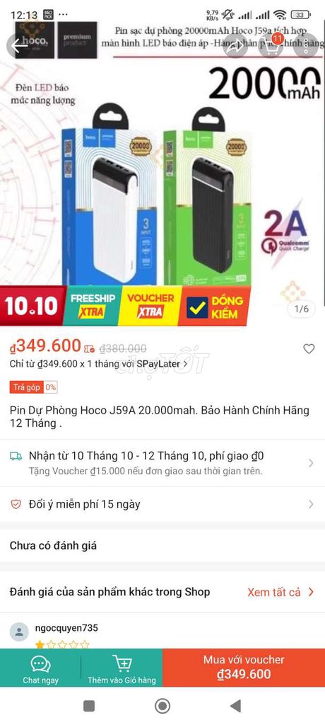 Pin dự phòng 20.000 chính hãng Hoco 200k