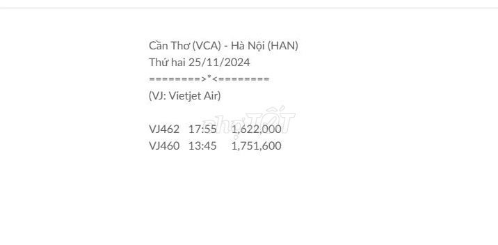 Cần Thơ (VCA) - Hà Nội (HAN) Thứ hai 25/11/2024