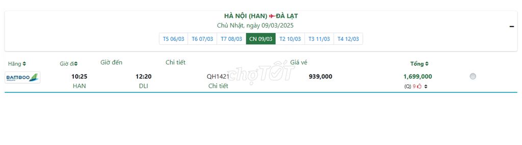 HÀ NỘI (HAN) ĐÀ LẠT Chủ Nhật, ngày 09/03/2025