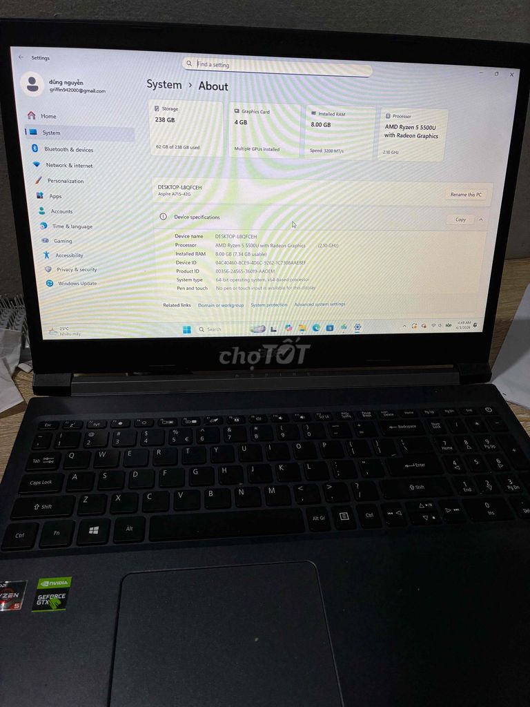 Acer Aspire 7 Ryzen 5 8GB/256GB. Mua bán Laptop tại Quận Hai Bà Trưng Hà Nội được đăng bởi Hoang Dung hình 1