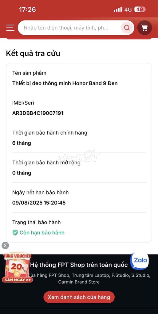 honor band 9 fullbox FPT bảo hành dài