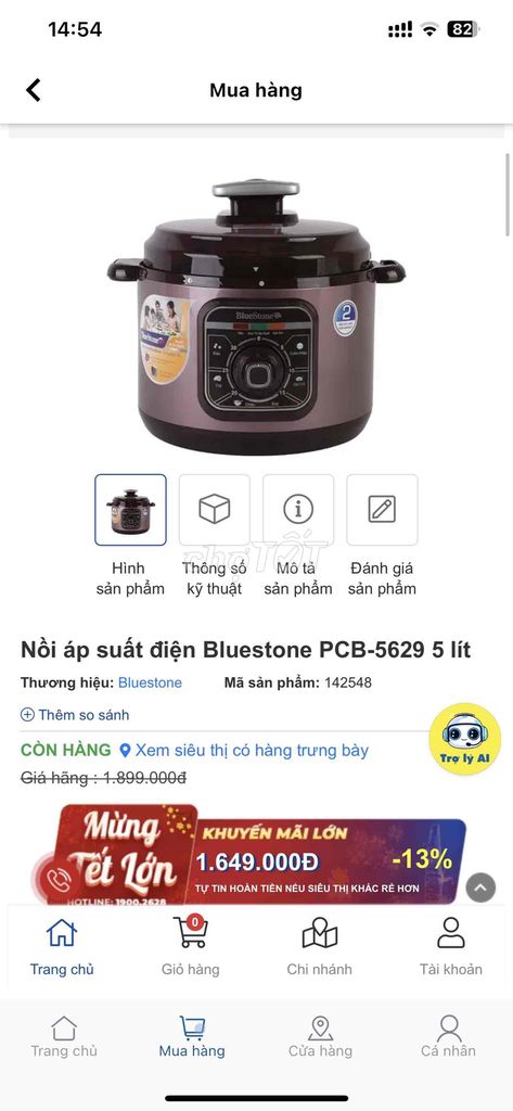 nồi áp suất bluestone 5 lít, 900w, mới 100%