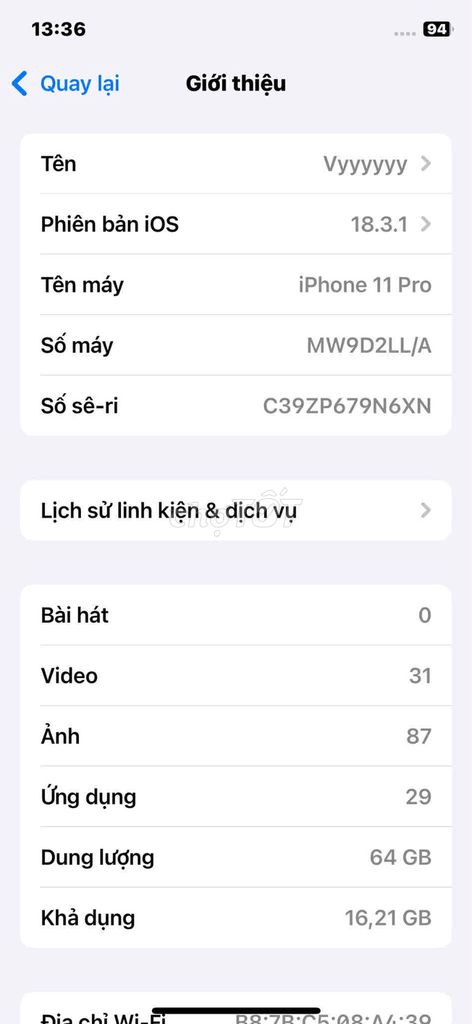 Apple iPhone 11 Pro 64GB Bạc Đã thay pin. Mua bán Điện thoại tại Quận Sơn Trà Đà Nẵng được đăng bởi Huy Le hình 1