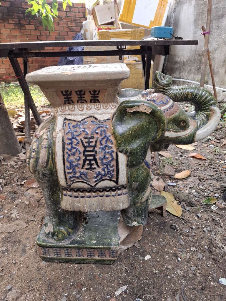 Tượng voi Gốm Cổ điển Xanh Nâu 56cm