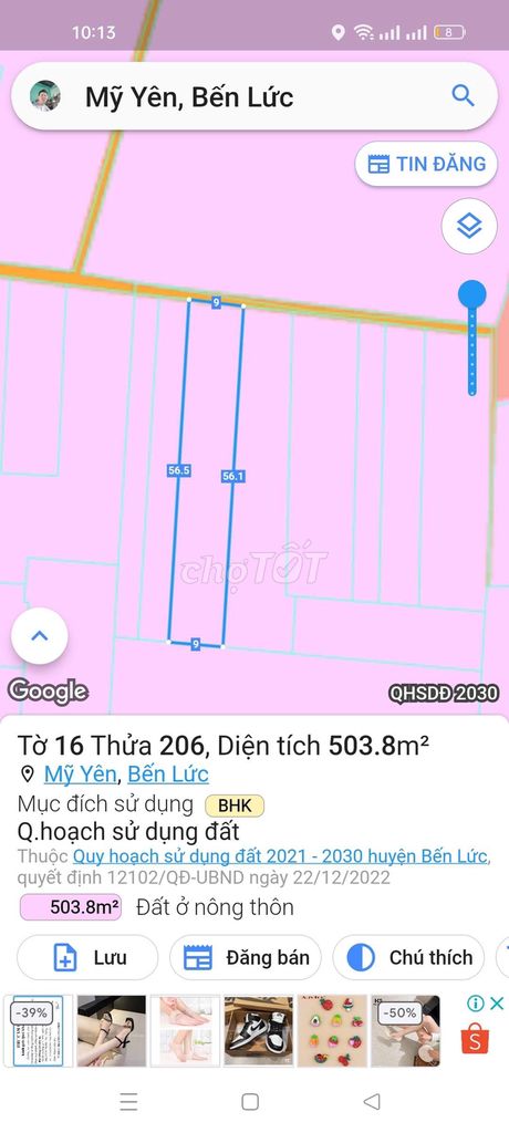 Đất thổ vườn 500m Ấp 1 Mỹ Yên giáp bình chánh