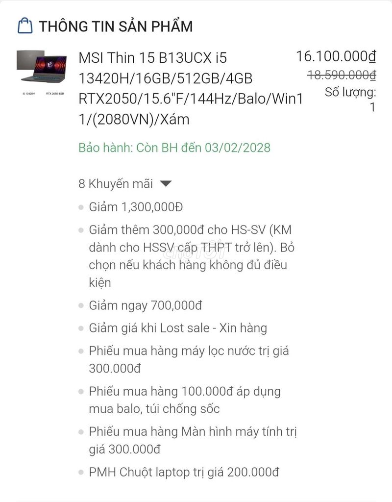 MSI Thin 15 B13UCX i5-13420H 16GB/512GB RTX 2050. Mua bán Laptop tại Huyện Bình Chánh Tp Hồ Chí Minh được đăng bởi cơ khí  hình 1