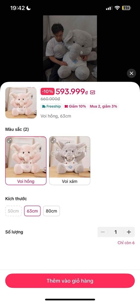 Thú nhồi bông Voi Hồng 63cm