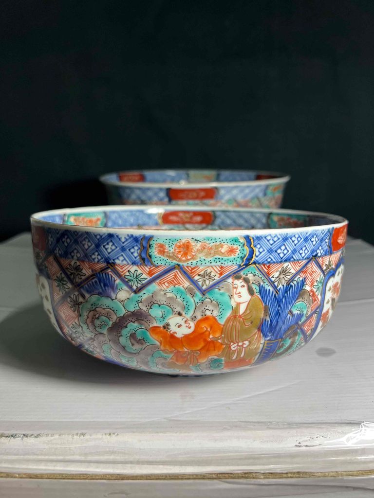 2 Bát cổ Imari Gốm sứ Nhật Bản Cổ sz 25cm và sz 21