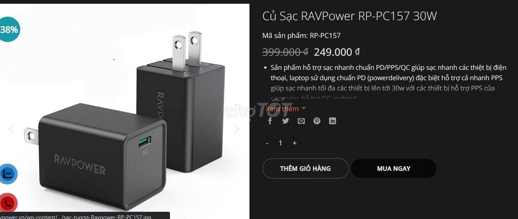 Củ sạc mini Ravpower 30w, hàng cao cấp