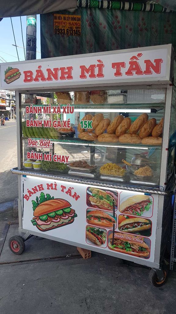 BÁN XE BÁNH MÌ,XE CƠM,1M6X60X1M8 INOX,KÍNH 10LI