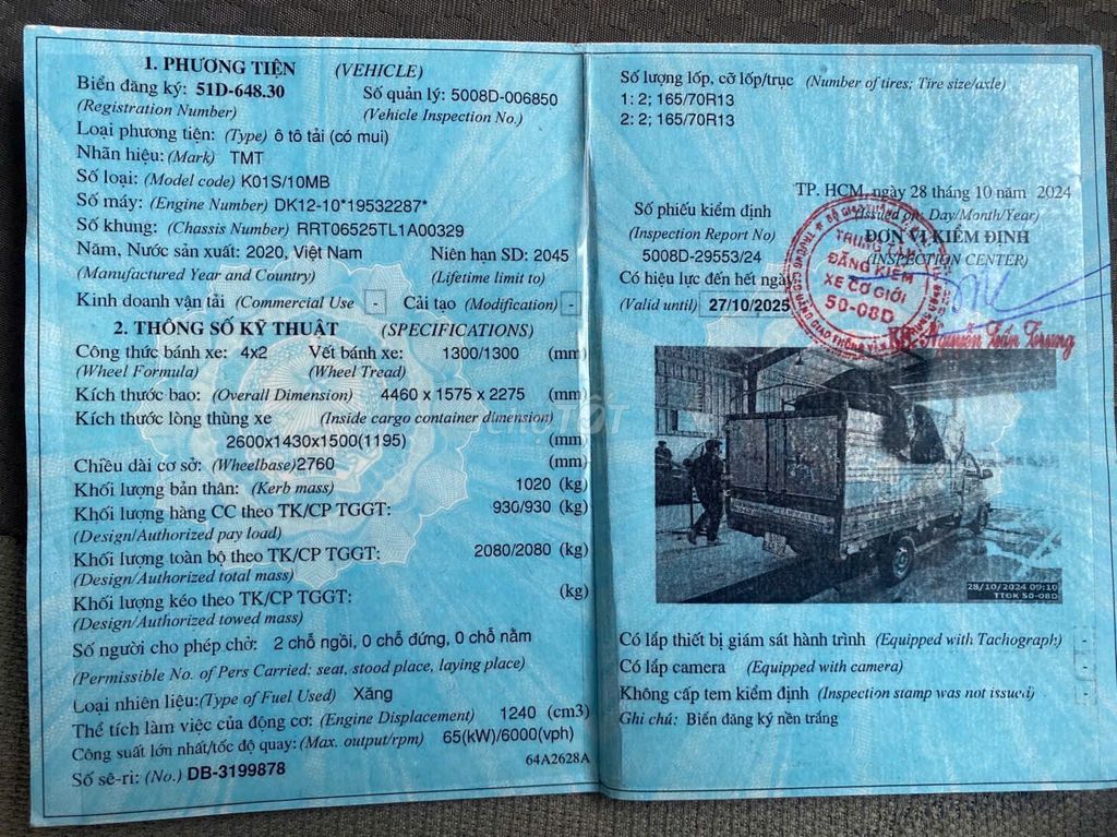 Bán nhanh xe TMT 930kg thùng dài 2m6 2020, chạy ít. Mua bán Xe tải, xe ben tại Thành phố Dĩ An Bình Dương được đăng bởi Ngọc Linh hình 6