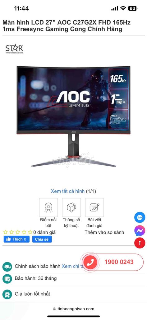 màn 27in cong AOC 165hz