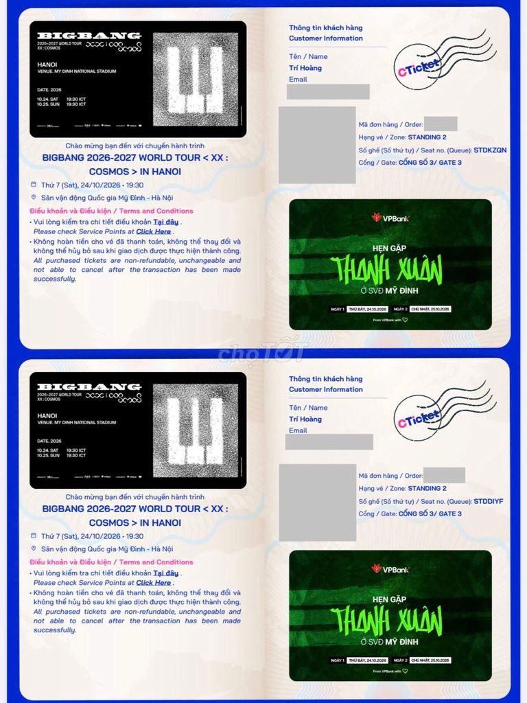 Vé BIGBANG WORLD TOUR Sân Mỹ Đình Standing 2