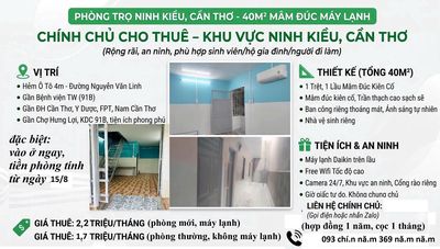 Phòng Trọ 40m2 trệt lầu Có Máy Lạnh - Nguyễn Văn Linh – Ninh Kiều - CT