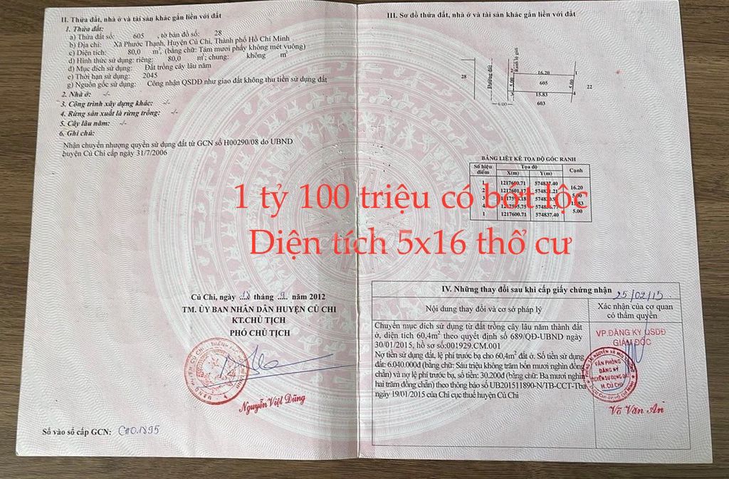 Bán nhanh đất xã Phước Thạnh Củ Chi 5x16 thổ cư. Giá 1 tỷ 100 triệu.