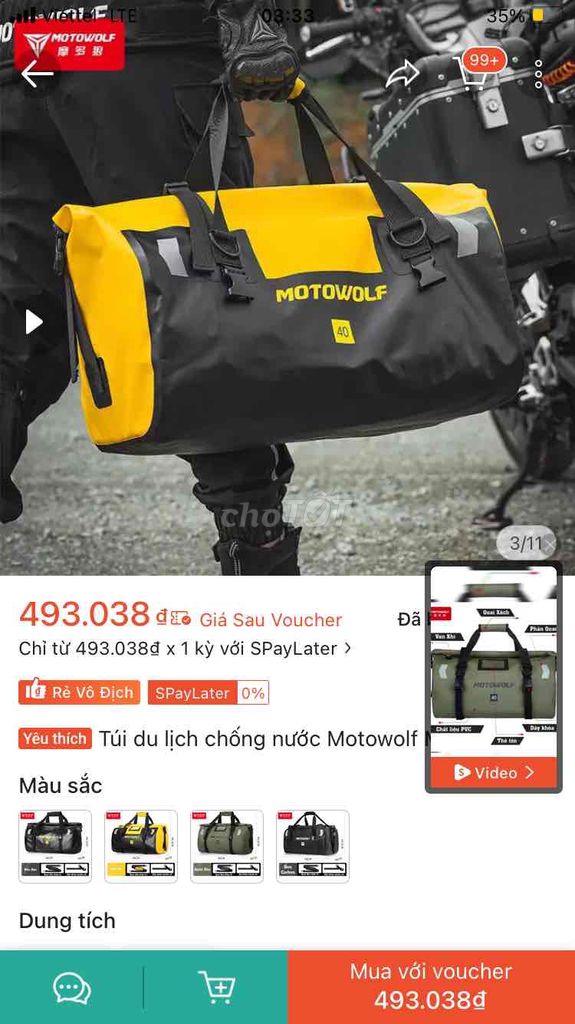Túi du lịch Motowolf 40L Vàng chống nước mới. Mua bán Túi xách tại Thành phố Mỹ Tho Tiền Giang được đăng bởi Hưng hình 1