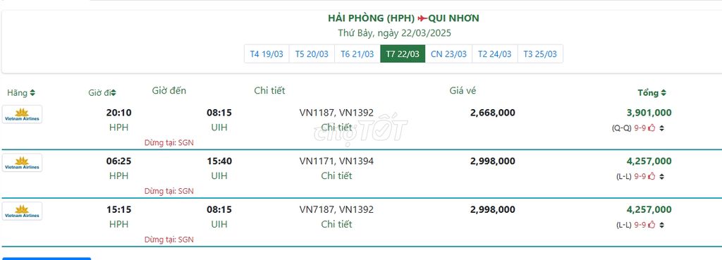 HẢI PHÒNG (HPH) QUI NHƠN Thứ Bảy, ngày 22/03/2025