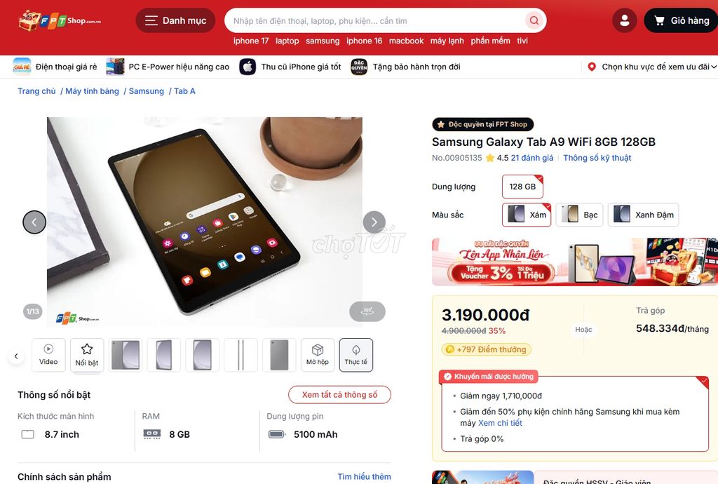 Galaxy Tab A9 Wifi (8GB/128GB) - Còn BH Hãng 4T. Mua bán Máy tính bảng tại Thành phố Thủ Đức Tp Hồ Chí Minh được đăng bởi Trần Đại Hoàng hình 1
