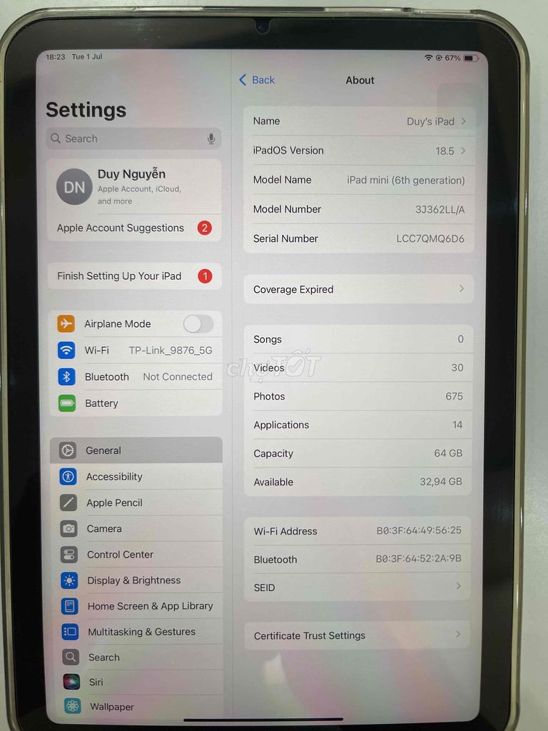 iPad Mini 6 64GB zin pin cao ít dùng