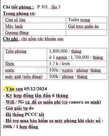 Cho thuê phòng Q11 giá 1,8 triệu có wc riêng