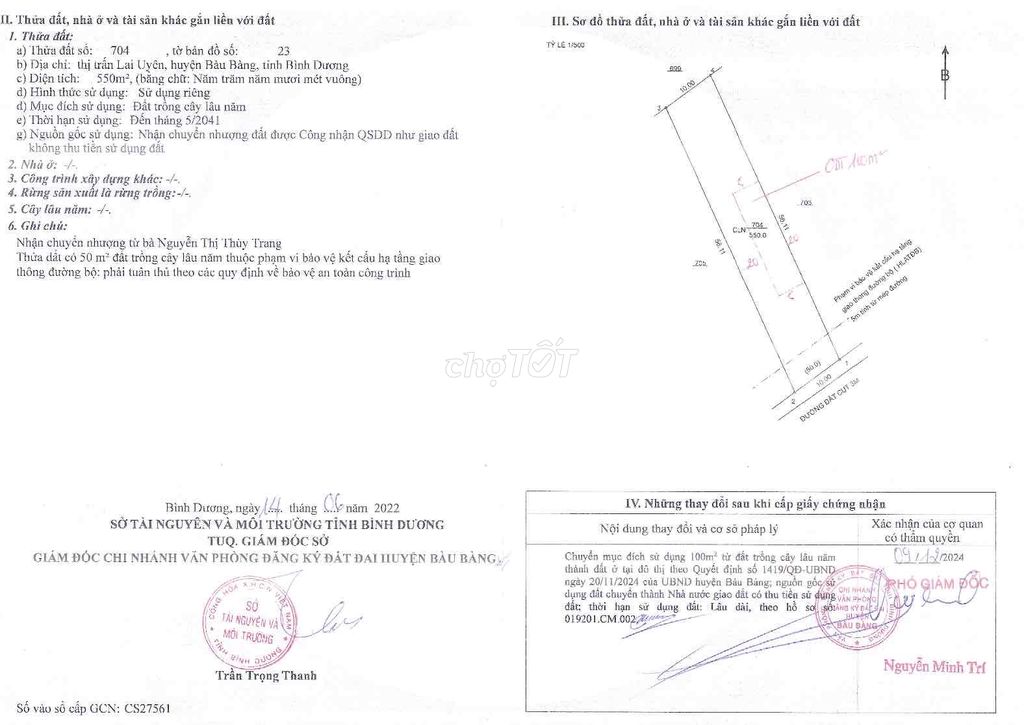 Đất thổ cư 10x55x100tc hẻm Lai Uyên 73