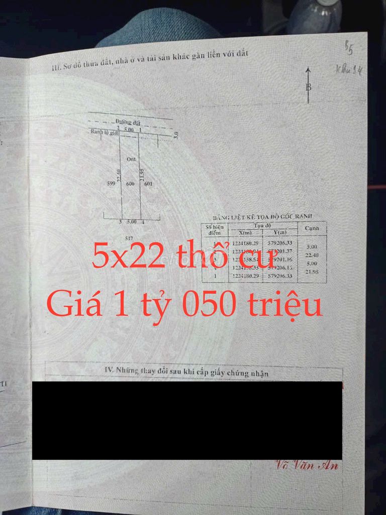 Bán đất xã An Nhơn Tây Củ Chi. 5x22 thổ cư. Giá 1 tỷ 050 triệu còn bớt