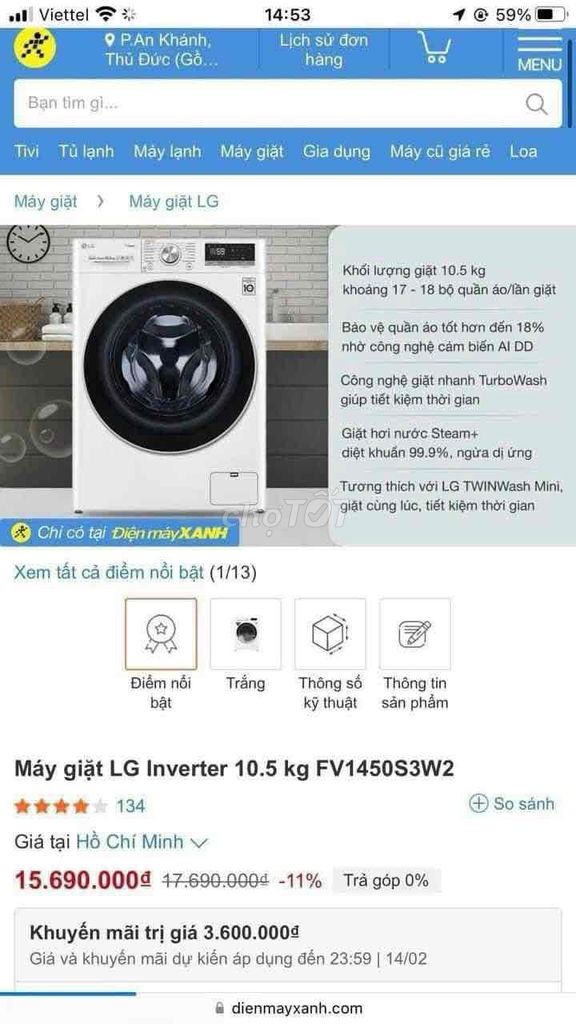 Máy giặt LG AI DD Inverter 10.5 kg FV1450S3W2