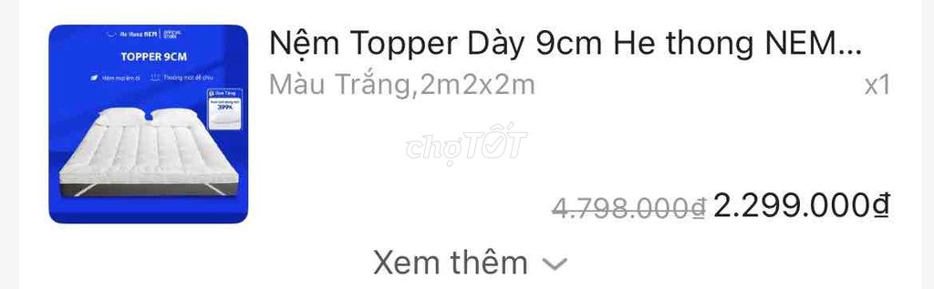 Topper nệm Gòn kháng khuẩn Trắng 2m x 2,2m 9cm. Mua bán Giường, chăn ga gối nệm tại Thành phố Vũng Tàu Bà Rịa - Vũng Tàu được đăng bởi Thu Mua SamSoNite hình 1