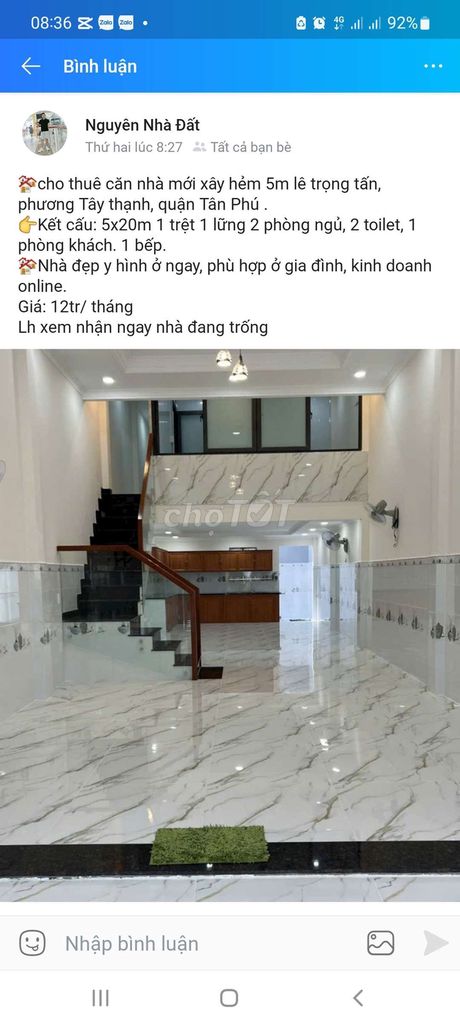 CHO THUÊ NHÀ 5X20M TRỆT LỬNG Y HÌNH ,HXT LÊ TRỌNG TẤN