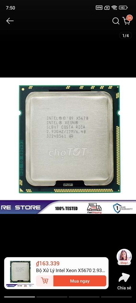 Xeon x5670 socket 1366 6 nhân 12 luồng