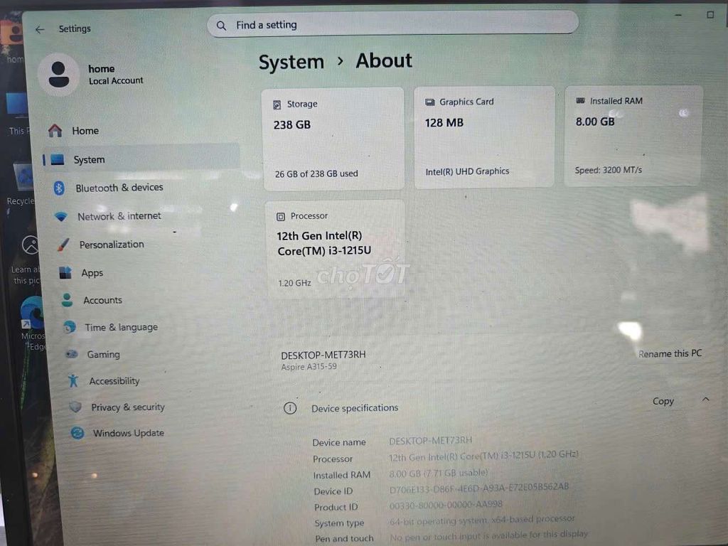 Acer Aspire 3 i3-1215U 8GB/256GB. Mua bán Laptop tại Thành phố Sóc Trăng Sóc Trăng được đăng bởi Bắp  hình 1