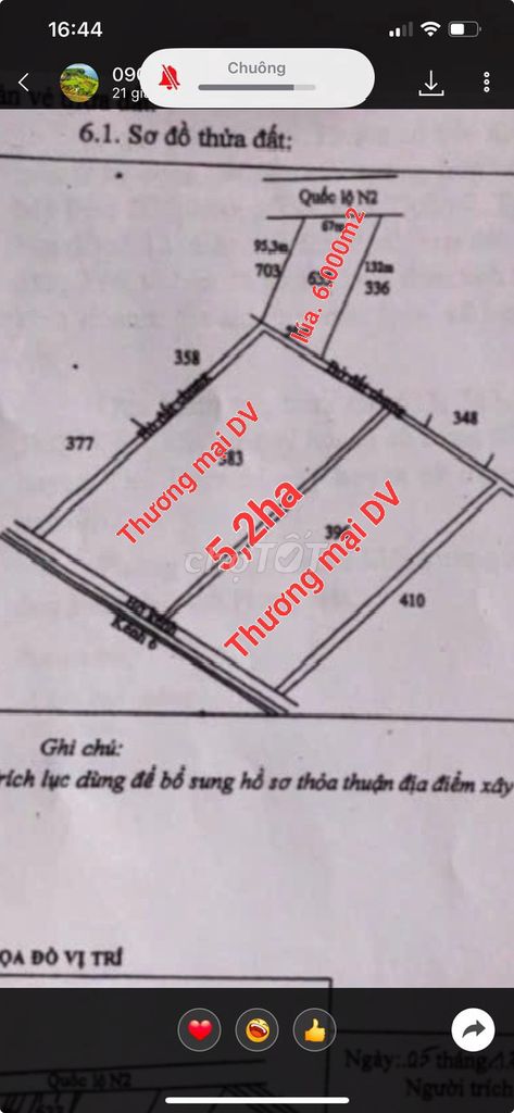 Bán 5,2HA đất TMDV + 6,000L, 3MT QLN2 Long Thành, Thủ Thừa, LA