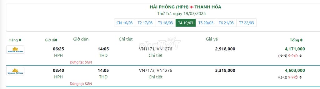 HẢI PHÒNG (HPH) THANH HÓA Thứ Tư, ngày 19/03/2025