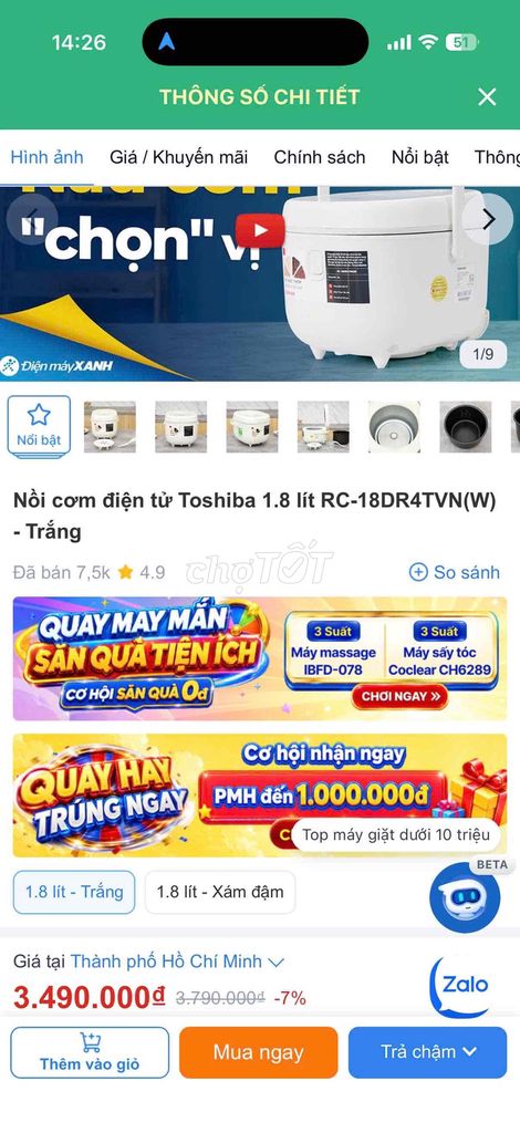 Nồi cơm điện tử Toshiba RC-18DR4TVN(W) 1.8 lít. Mua bán Bếp, lò, đồ điện nhà bếp tại Quận Ninh Kiều Cần Thơ được đăng bởi Điện Máy Cần Thơ hình 1