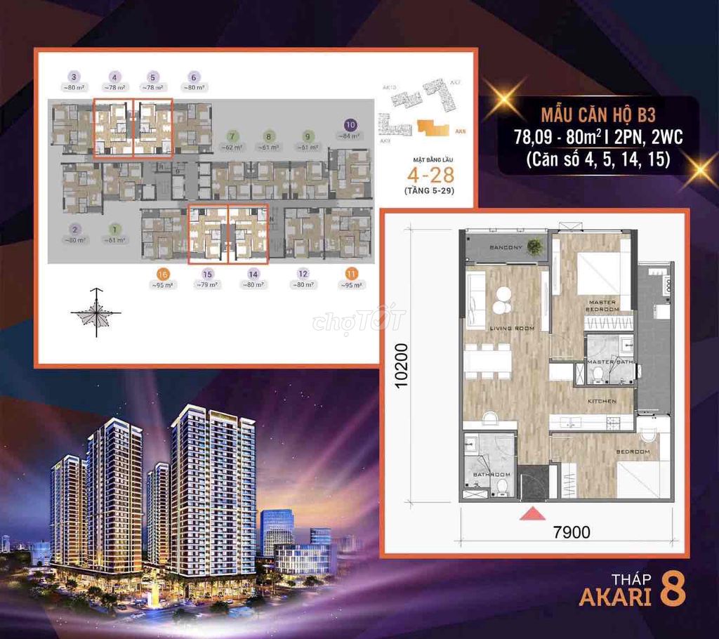 Cho Thuê Akari Phase 2 80m2 2PN 2WC ,Nhà mới 100% , Miễn PQL 2 năm